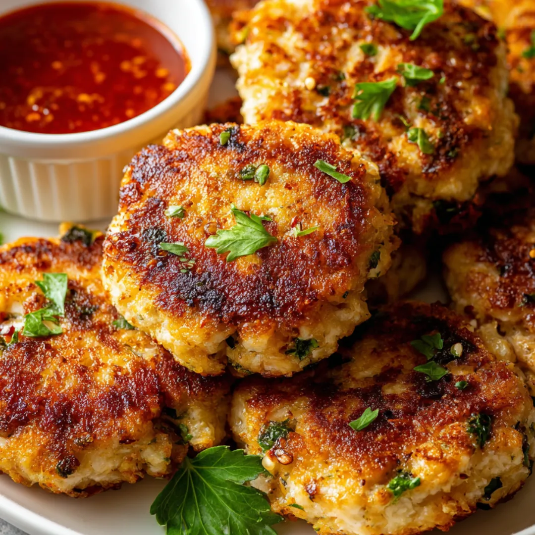 A plate of crab cakes with a dipping sauce.