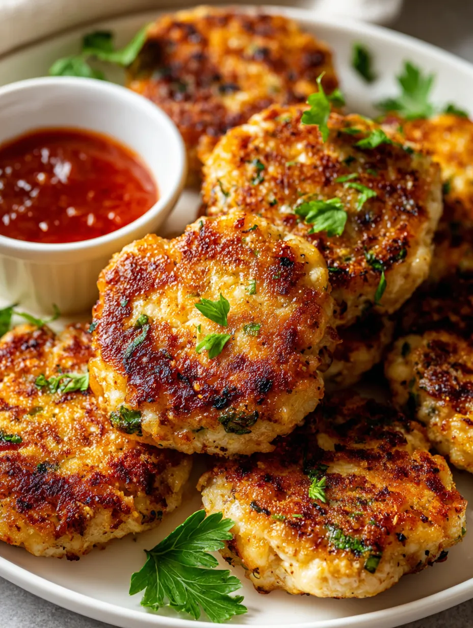 A plate of meat patties with a dipping sauce.