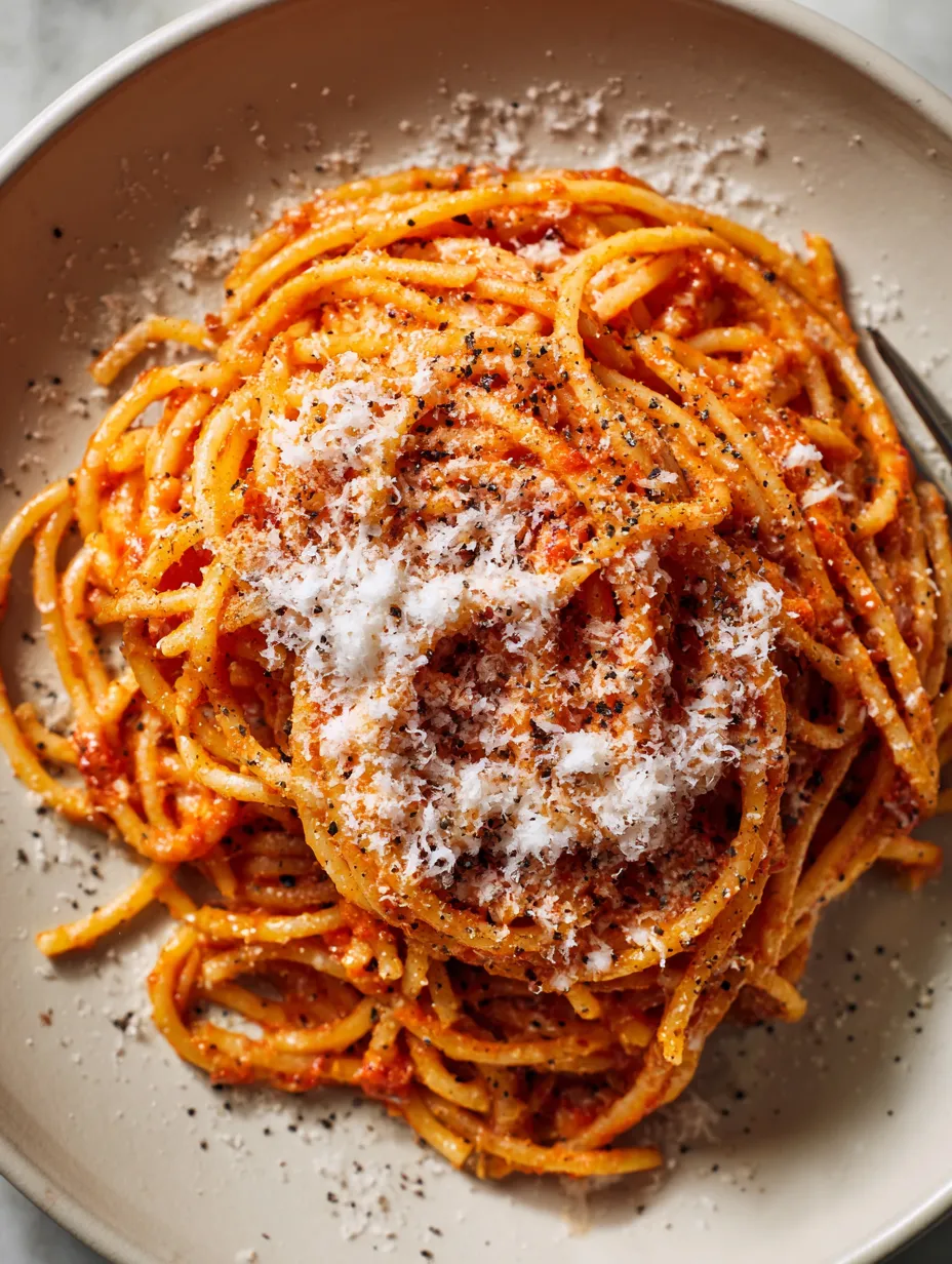 A plate of spaghetti with white cheese on top.