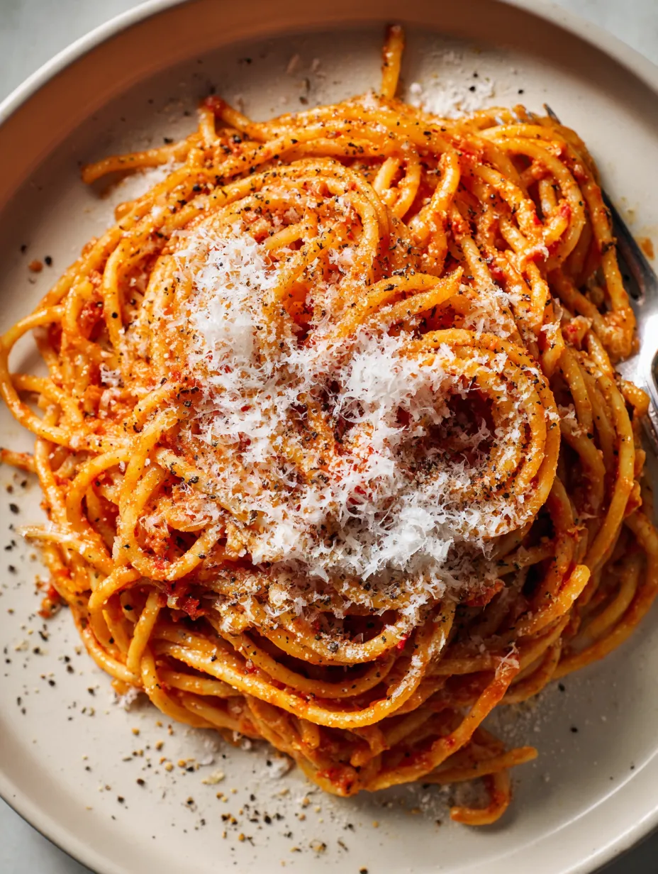 A plate of spaghetti with cheese and pepper.