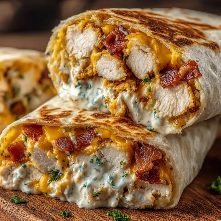 A chicken burrito with cheese and bacon.