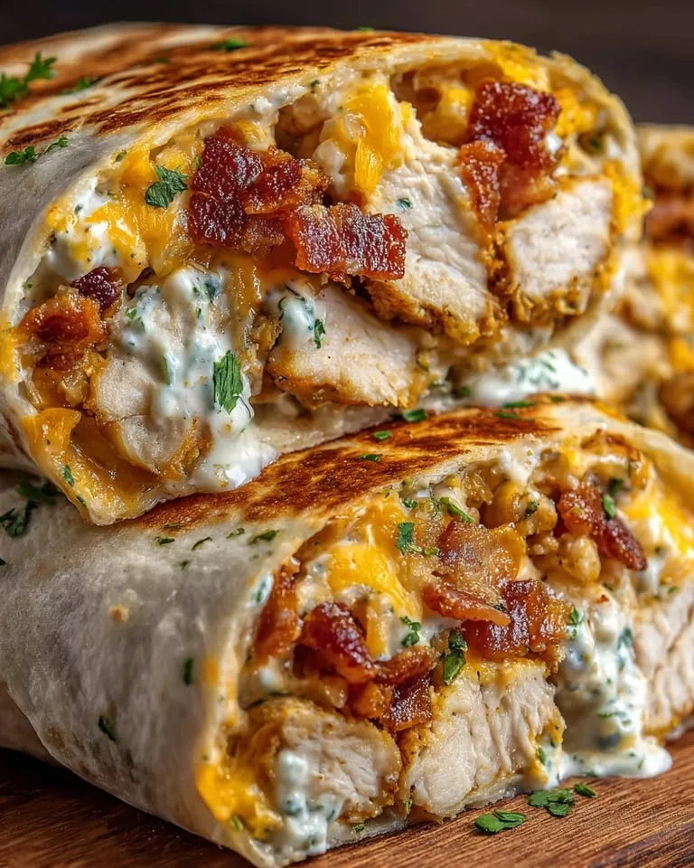 A chicken burrito with bacon and cheese.