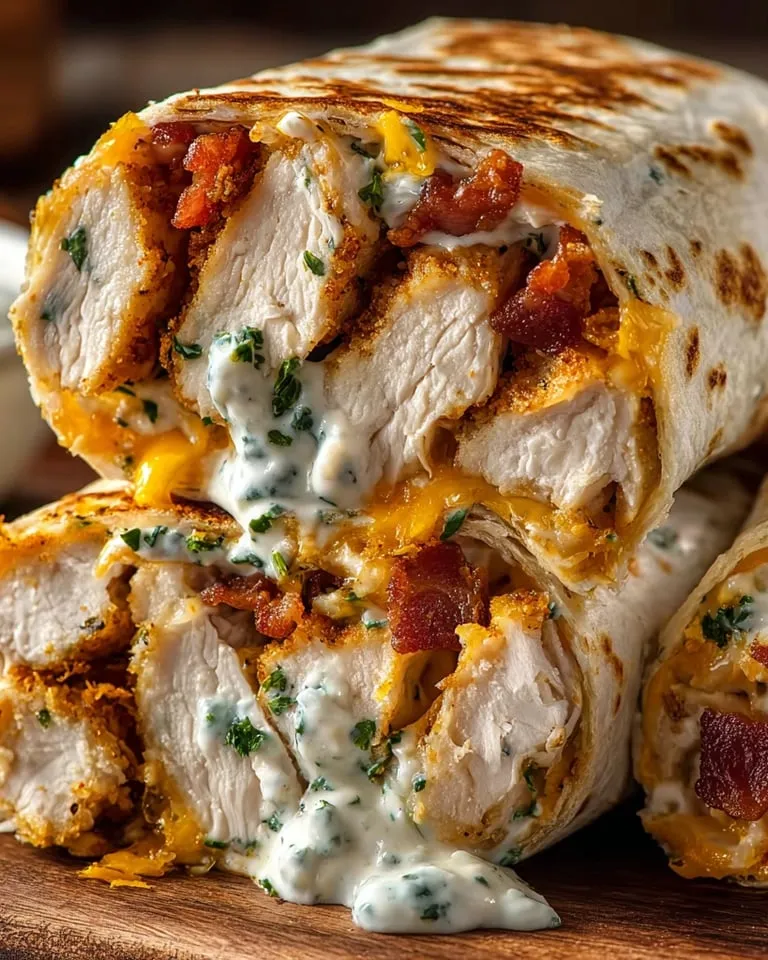 A chicken burrito with cheese and bacon.