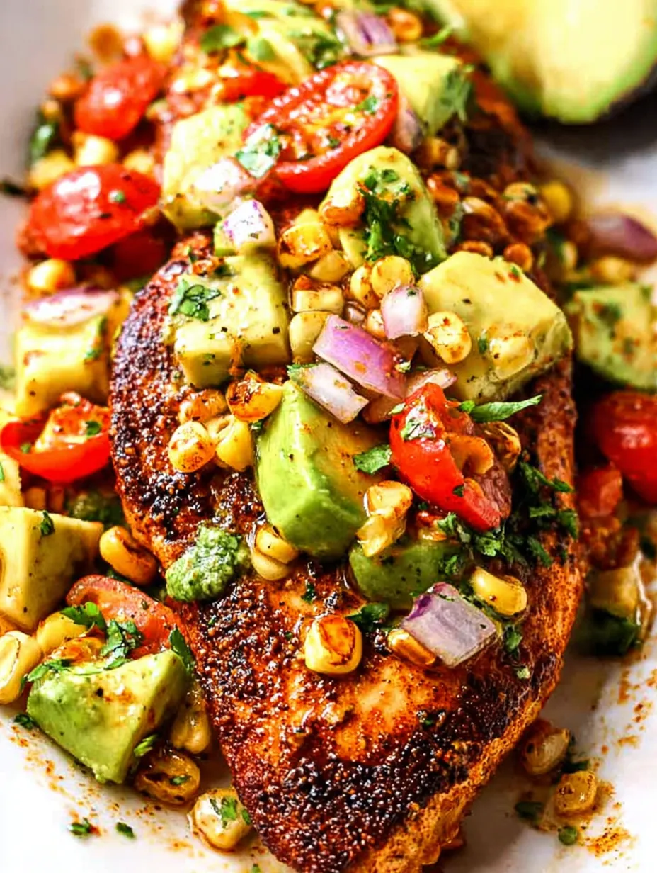 A plate of food with chicken, corn, tomatoes, and avocado.