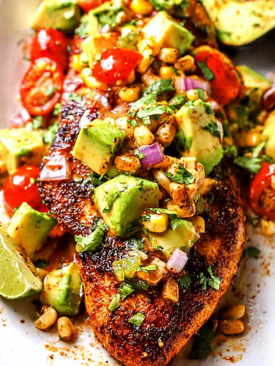 A plate of food with chicken, tomatoes, corn, and avocado.