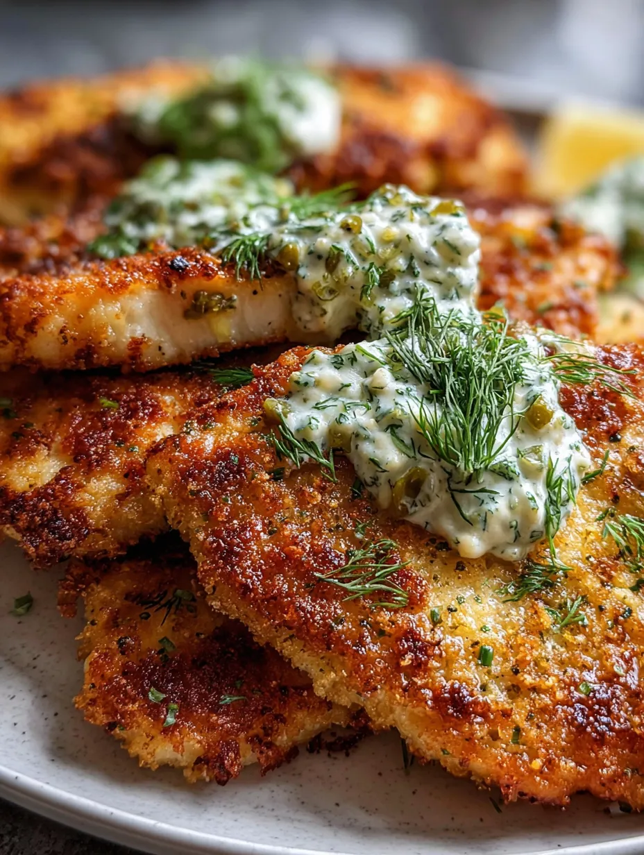 A plate of breaded meat with a white sauce on top.