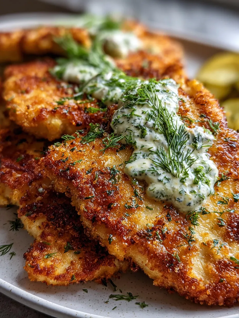 A plate of breaded meat with a white sauce on top.