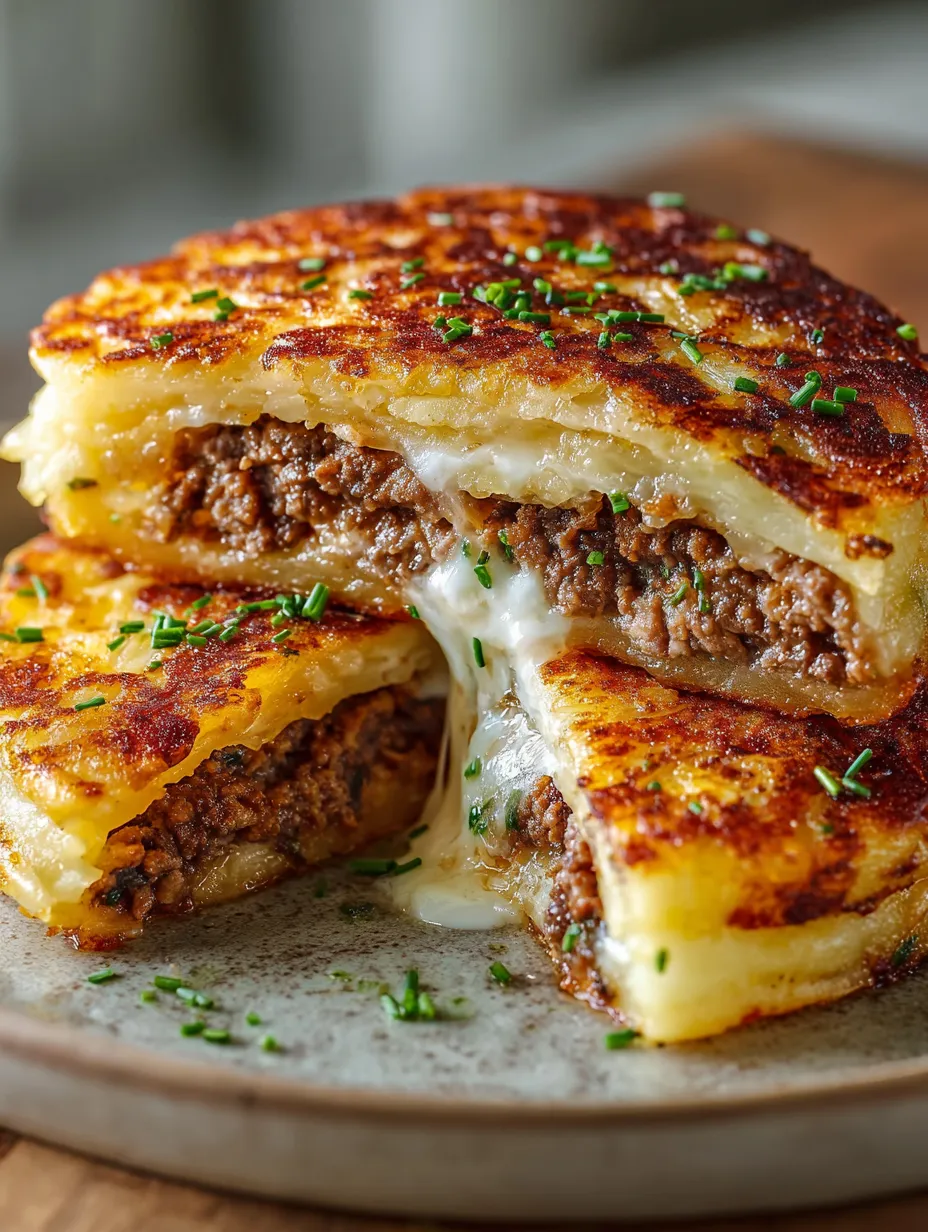 A stack of meat patties with cheese on top.
