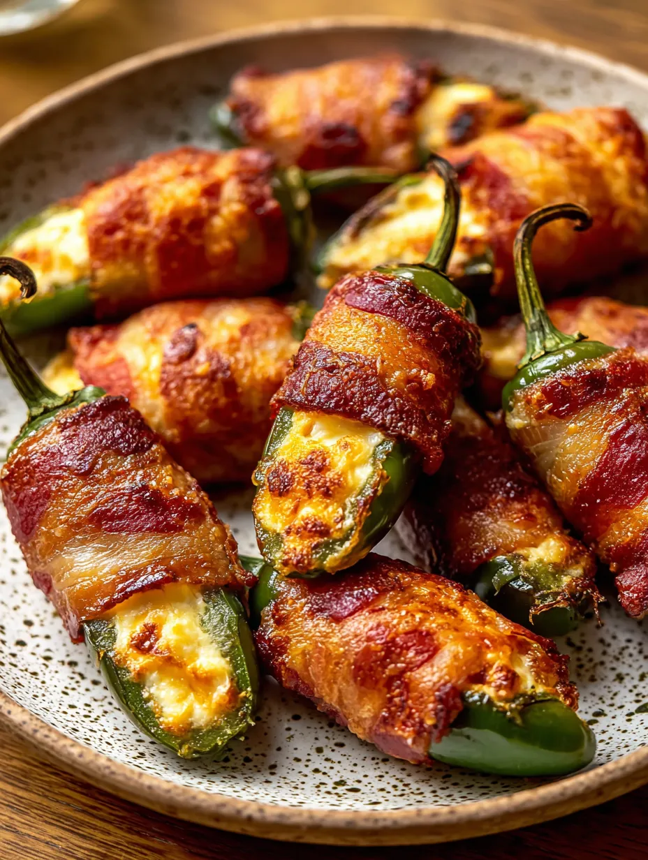 Bacon wrapped peppers on a plate.