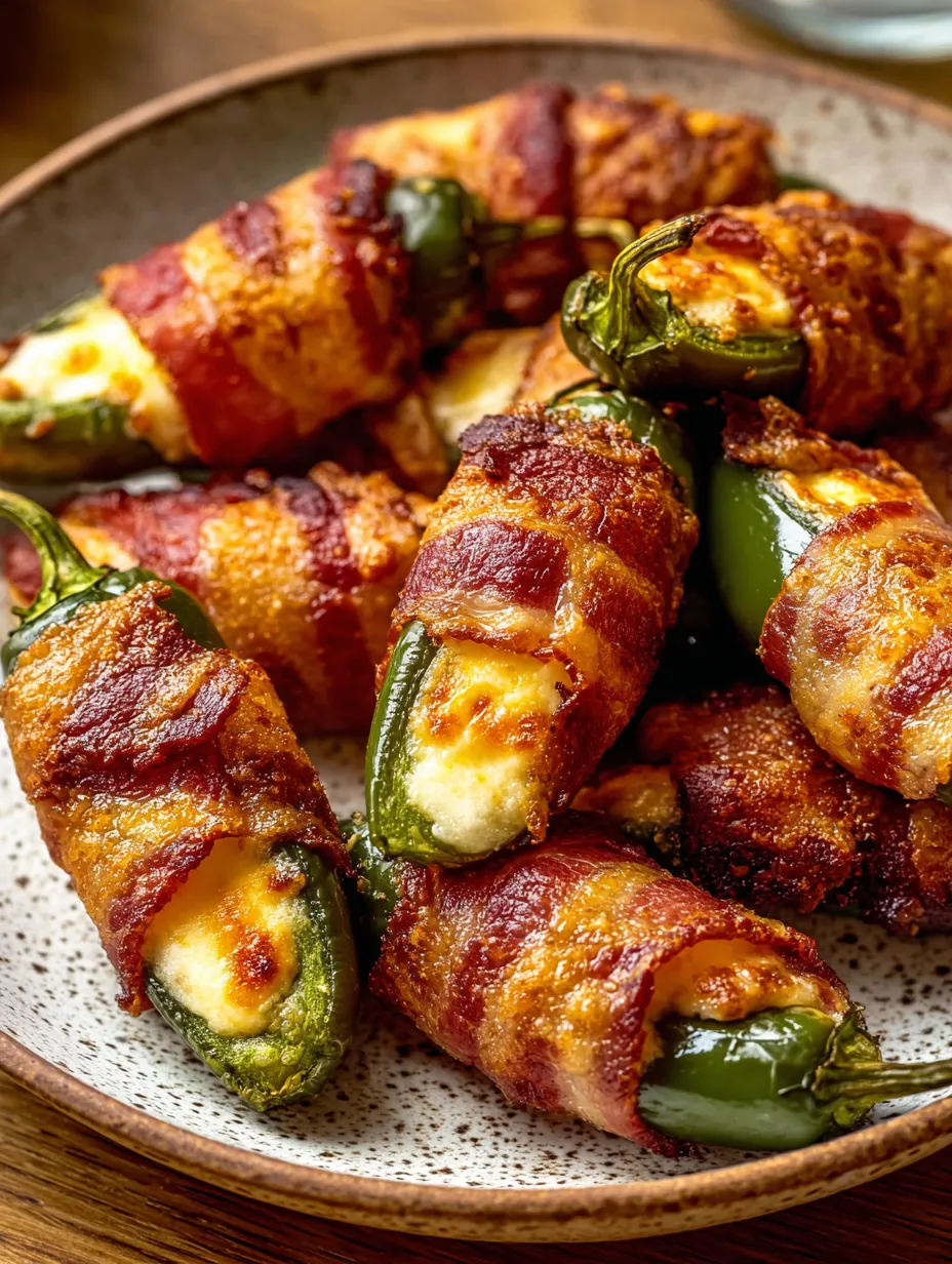 Bacon wrapped peppers on a plate.