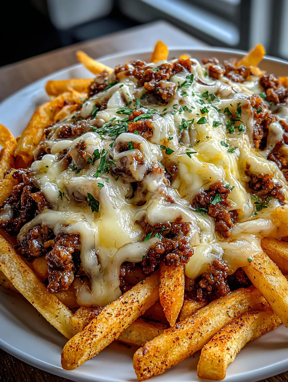 A plate of french fries with cheese on top.