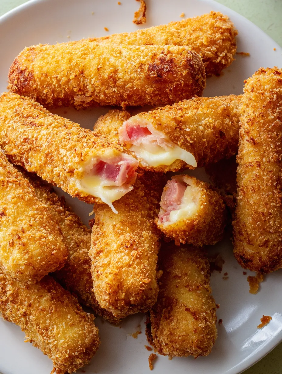 A plate of fried food with cheese and ham.