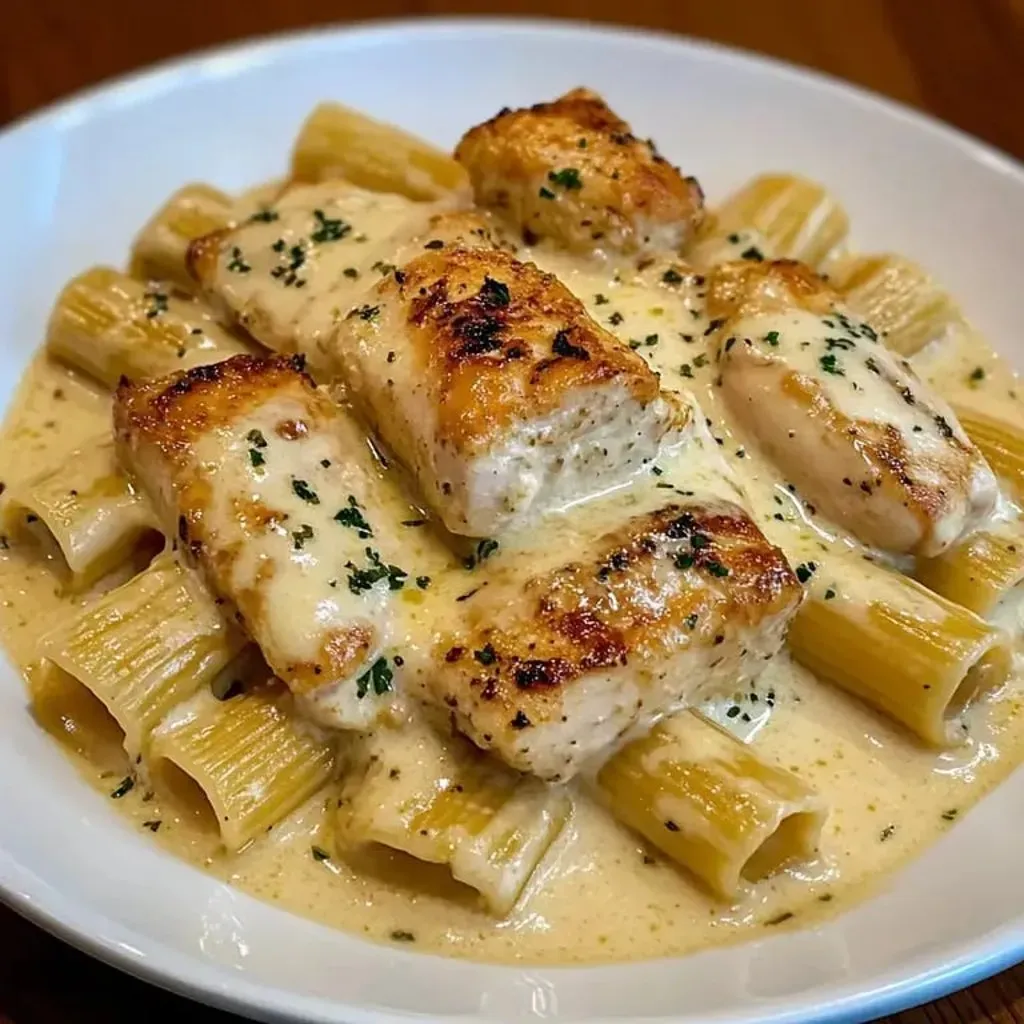 A plate of pasta with chicken on top.