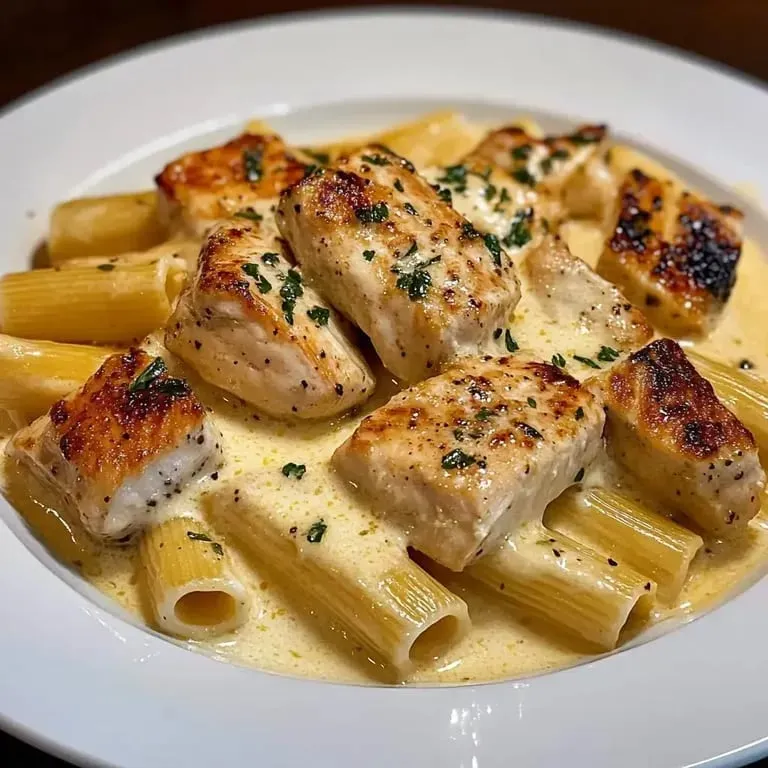 A plate of food with chicken and pasta.