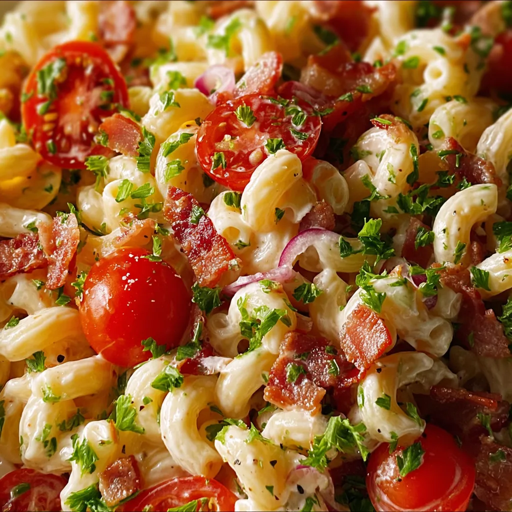 A dish of pasta with tomatoes and bacon.