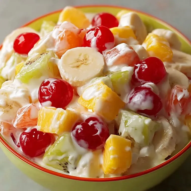 A bowl of fruit salad with bananas, kiwi, and strawberries.