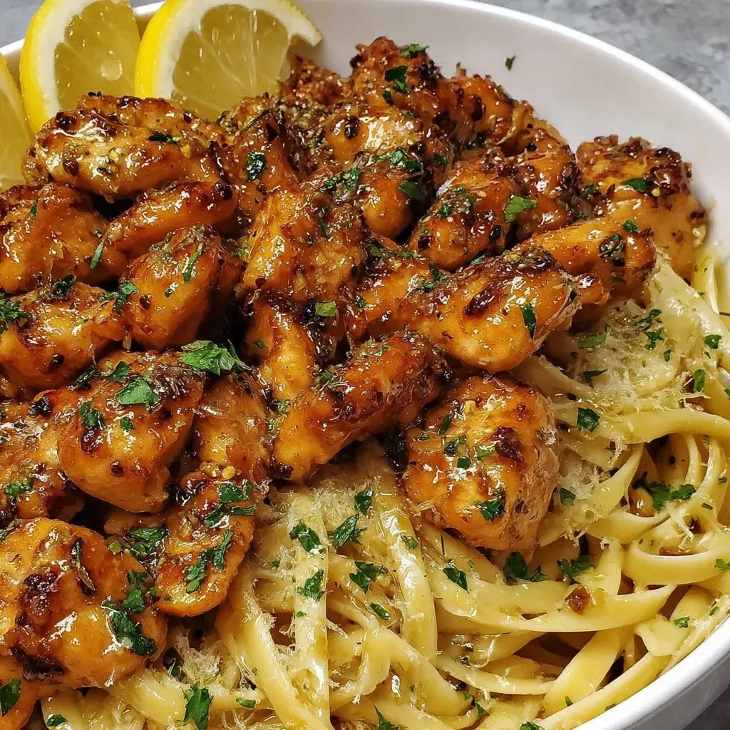 A bowl of pasta with chicken and lemon wedges.