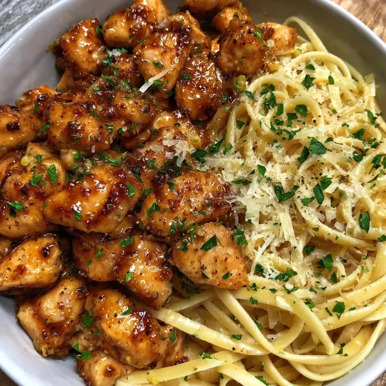 A bowl of chicken and pasta.