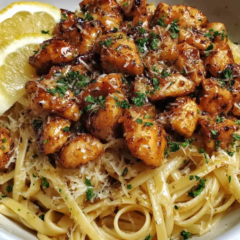 A bowl of pasta with chicken and lemon.