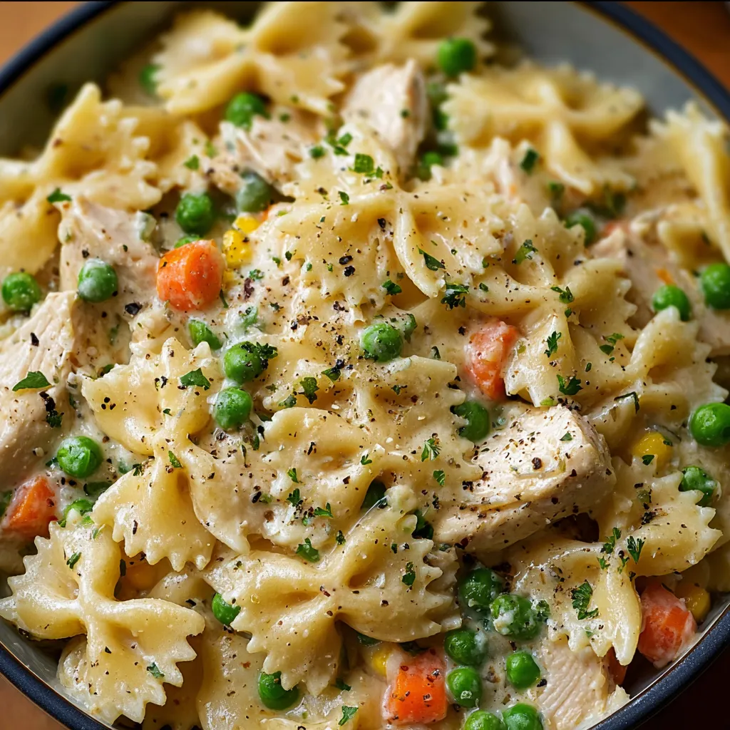 A bowl of pasta with chicken and peas.