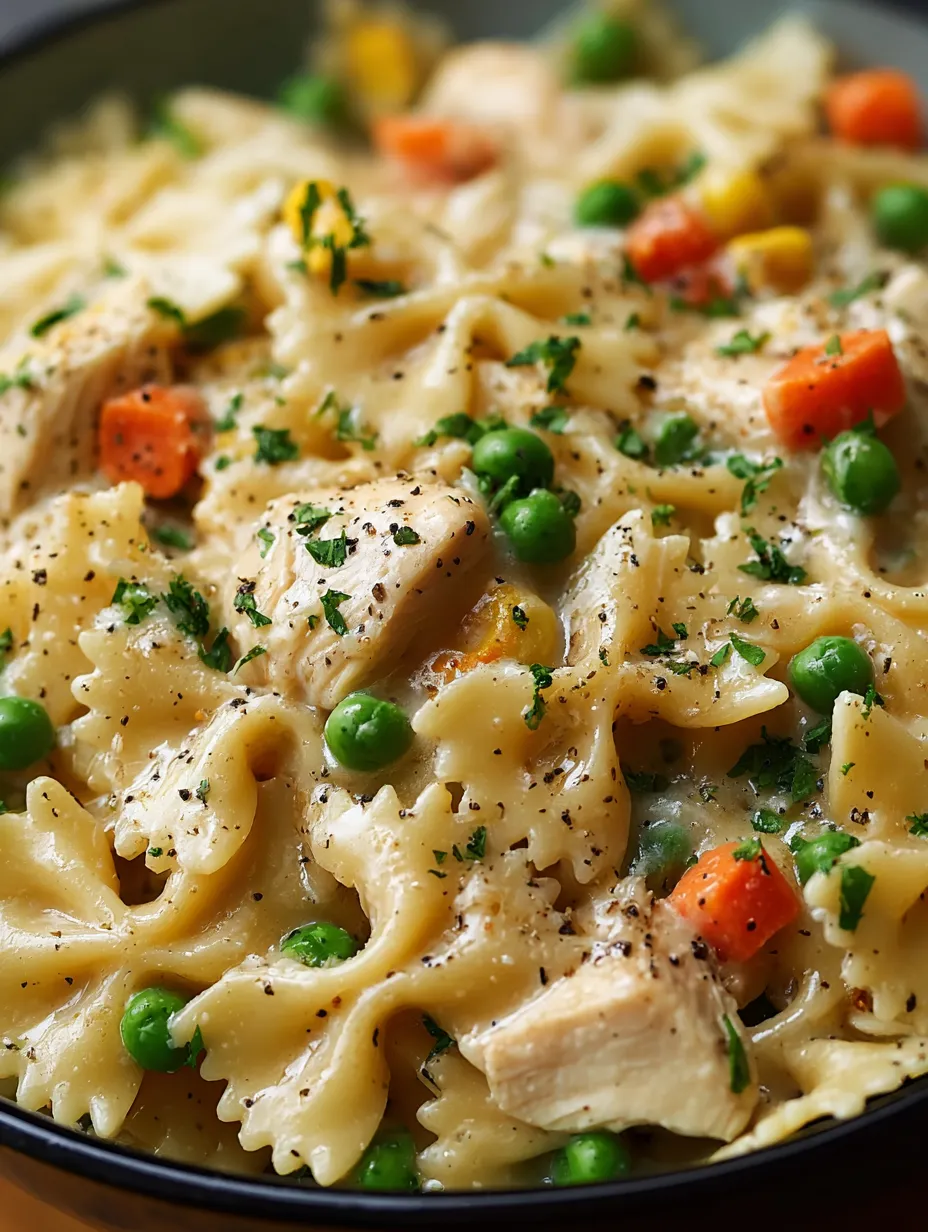 A bowl of pasta with chicken and peas.