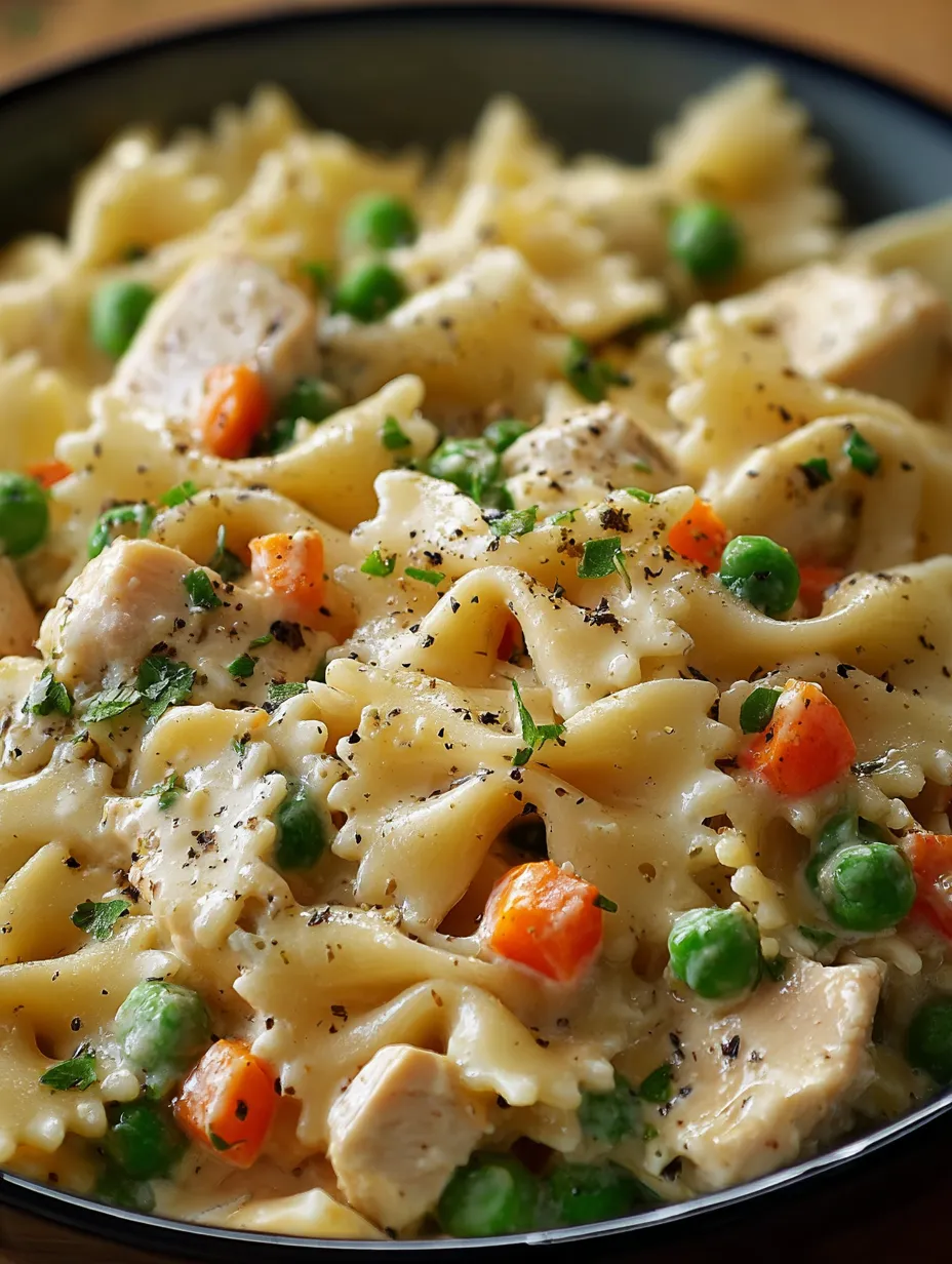 A plate of pasta with chicken and peas.