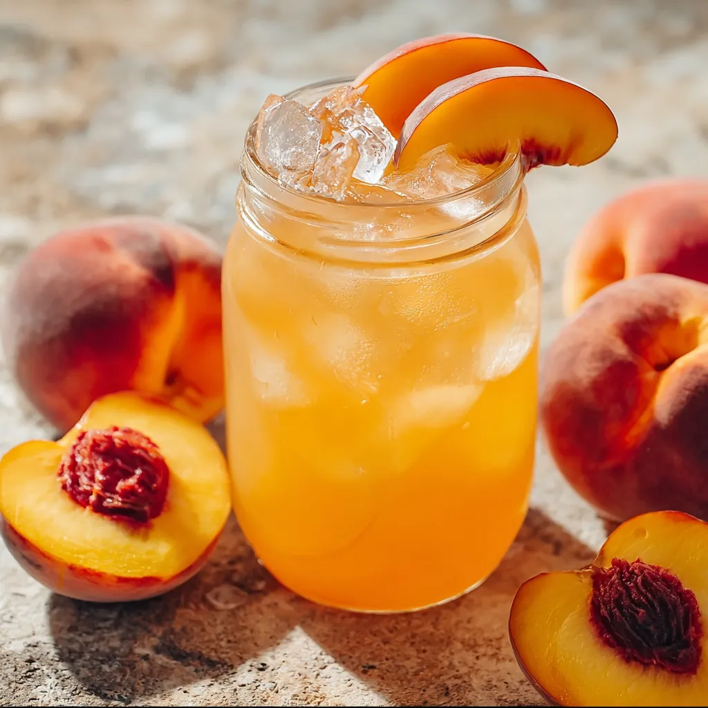 A glass of peach juice with a peach slice on top.