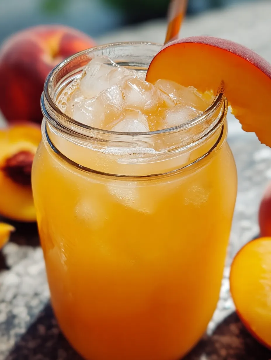 A cold glass of peach juice with a peach slice in it.