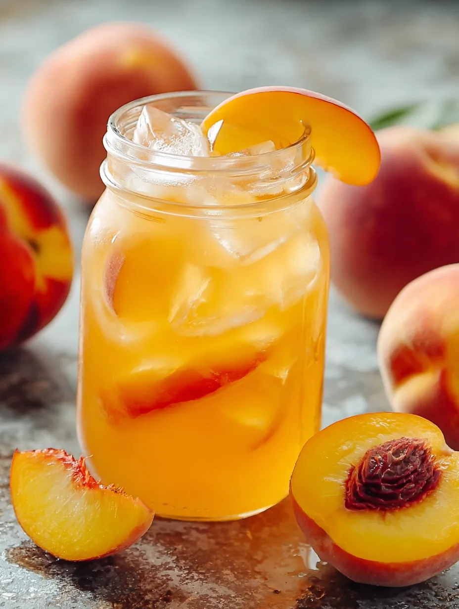 A glass of peach juice with a peach slice in it.
