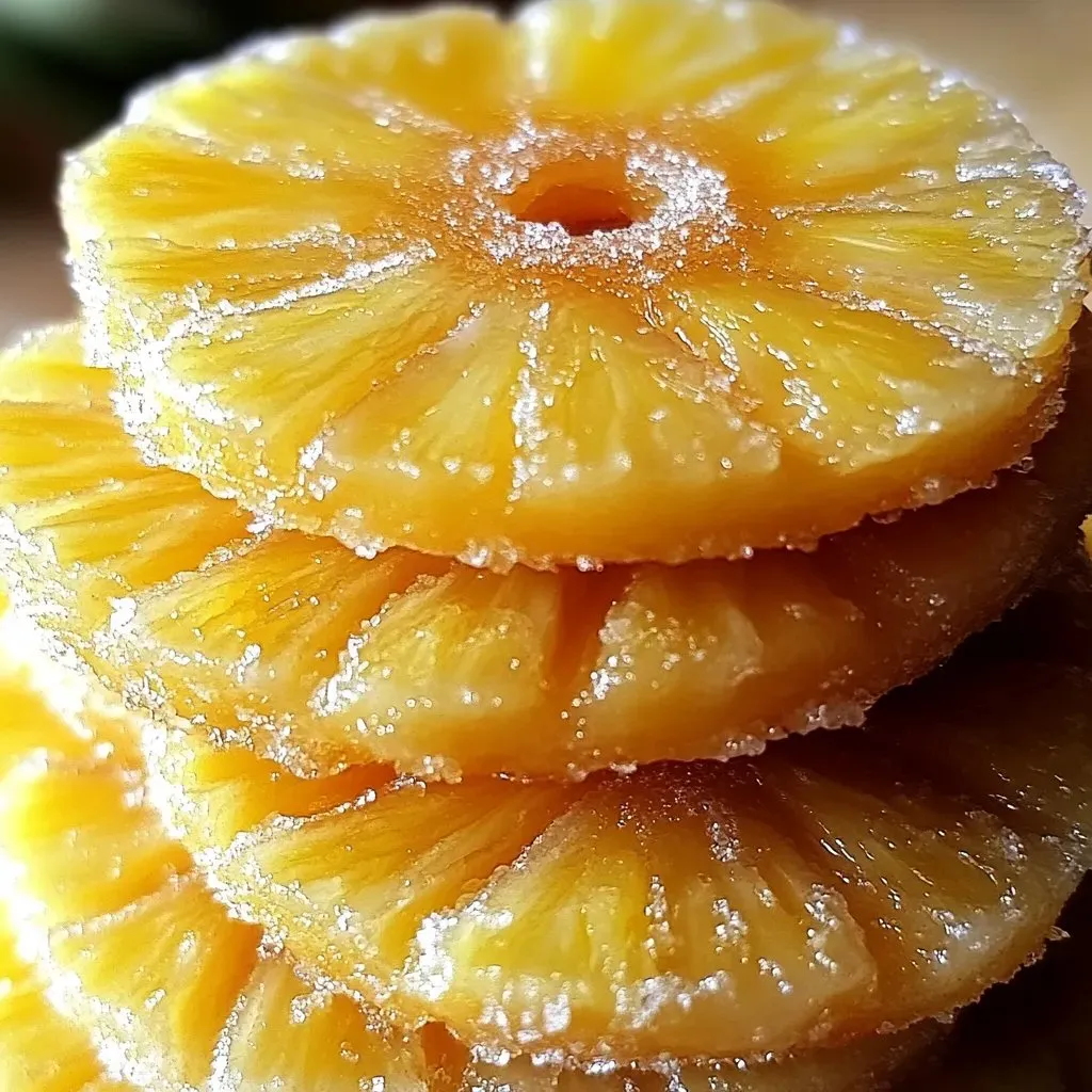 A stack of pineapple slices with sugar on top.