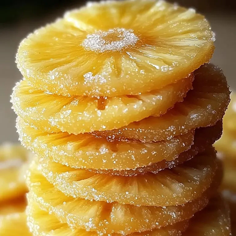 A stack of pineapple rings with sugar on top.