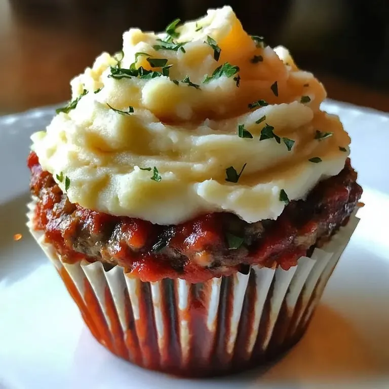 A cupcake with meat and potatoes on top.