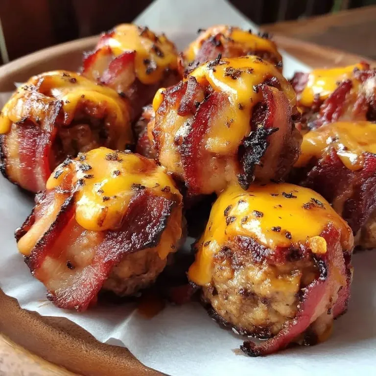 Bacon wrapped meatballs on a plate.