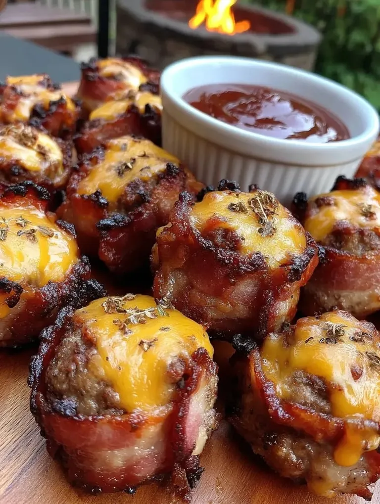 Bacon wrapped meatballs with a dipping sauce.