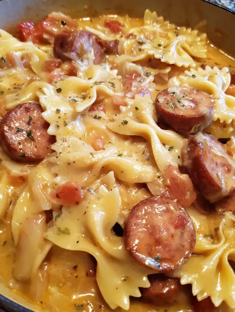 A plate of pasta with sausage and cheese.