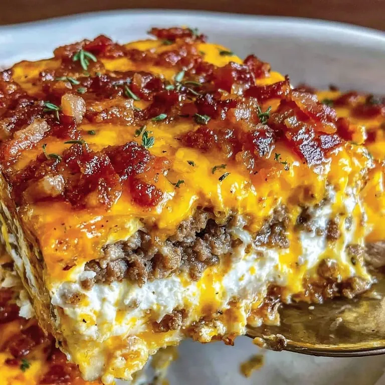 A slice of bacon and cheese casserole.
