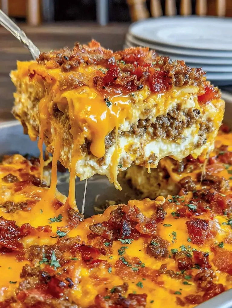 A slice of pizza with cheese and bacon.