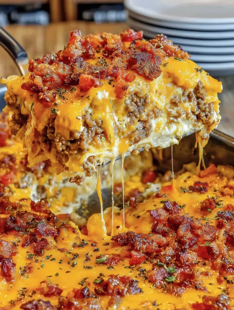 A close up of a delicious bacon and cheese casserole.