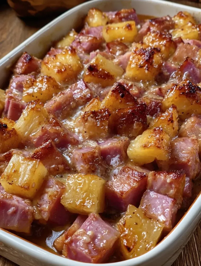 A dish of meat and pineapple.