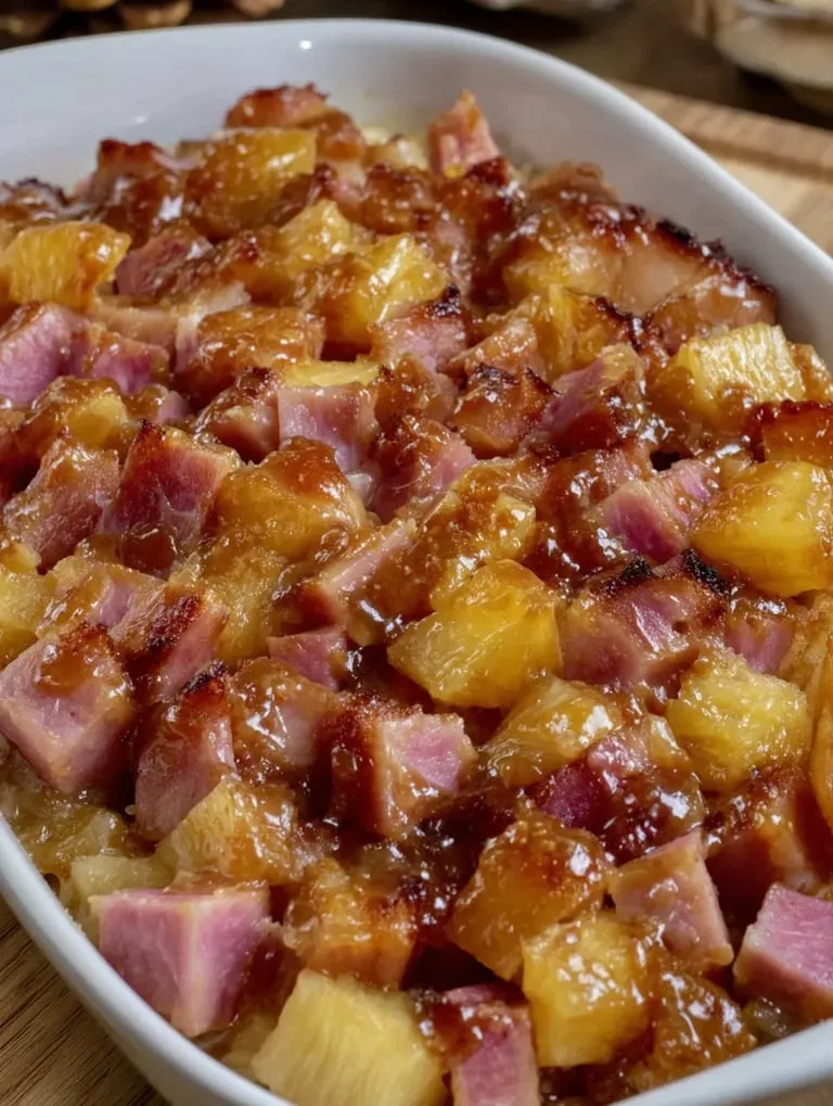 A bowl of ham and pineapple.