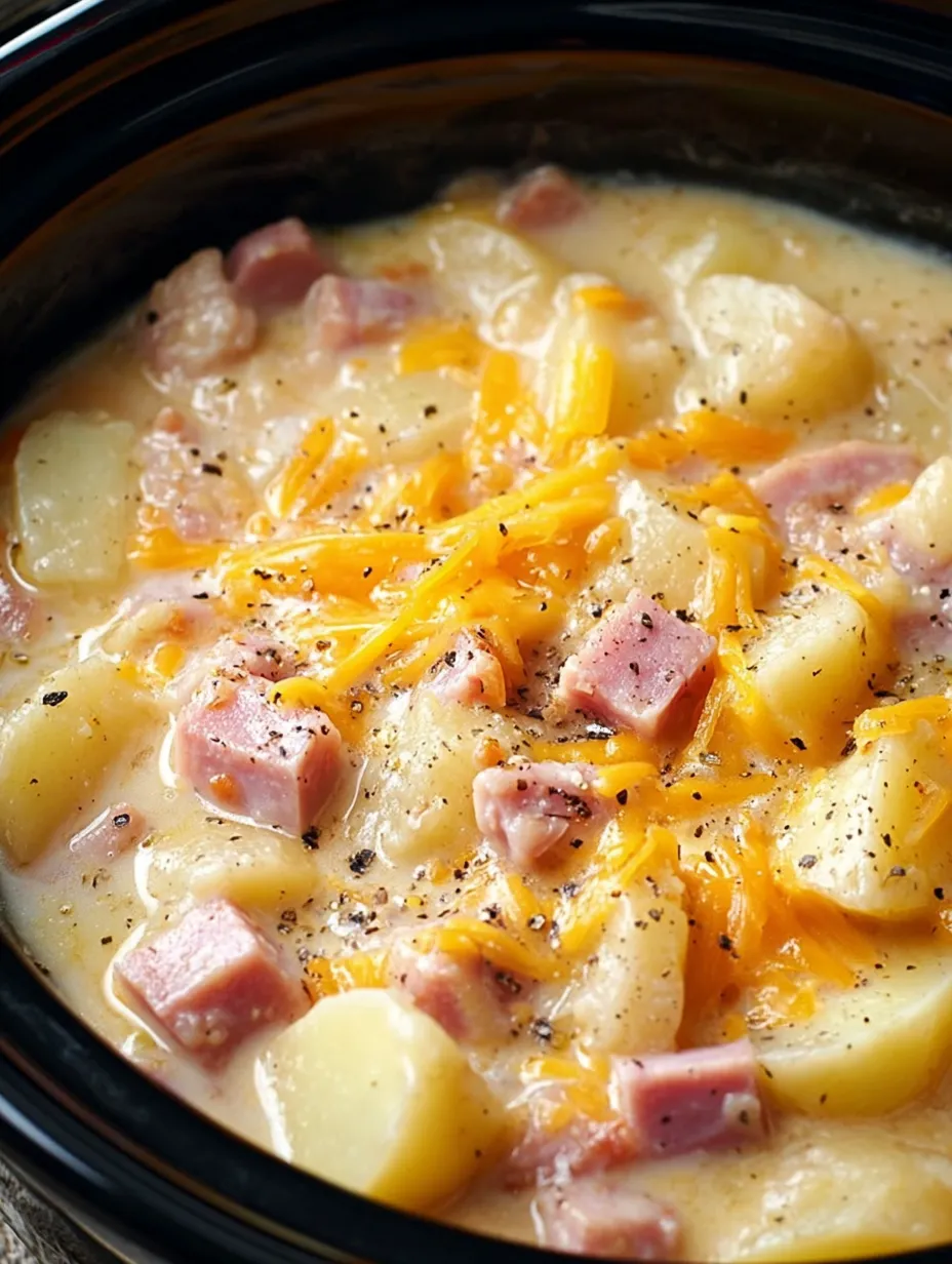 A bowl of soup with ham and cheese.