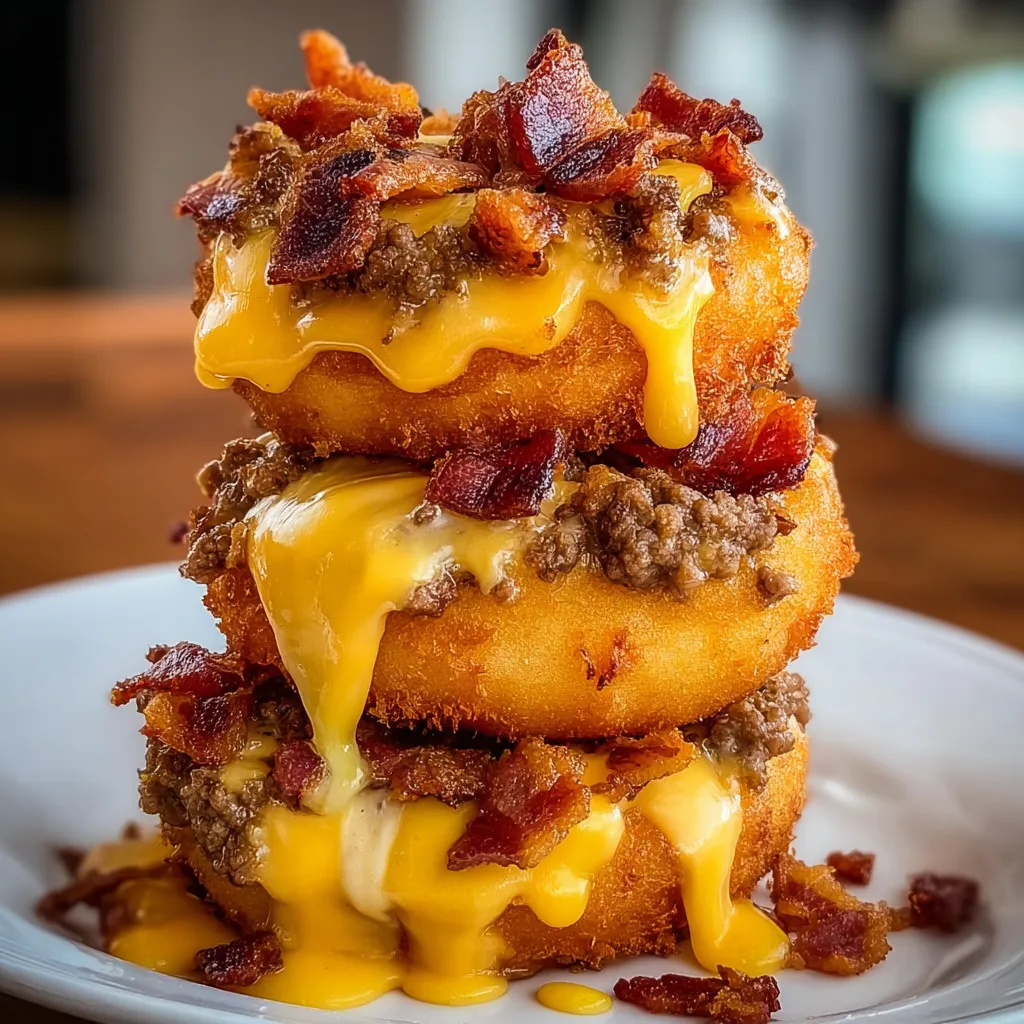 Bacon cheeseburger donuts stacked on a plate.