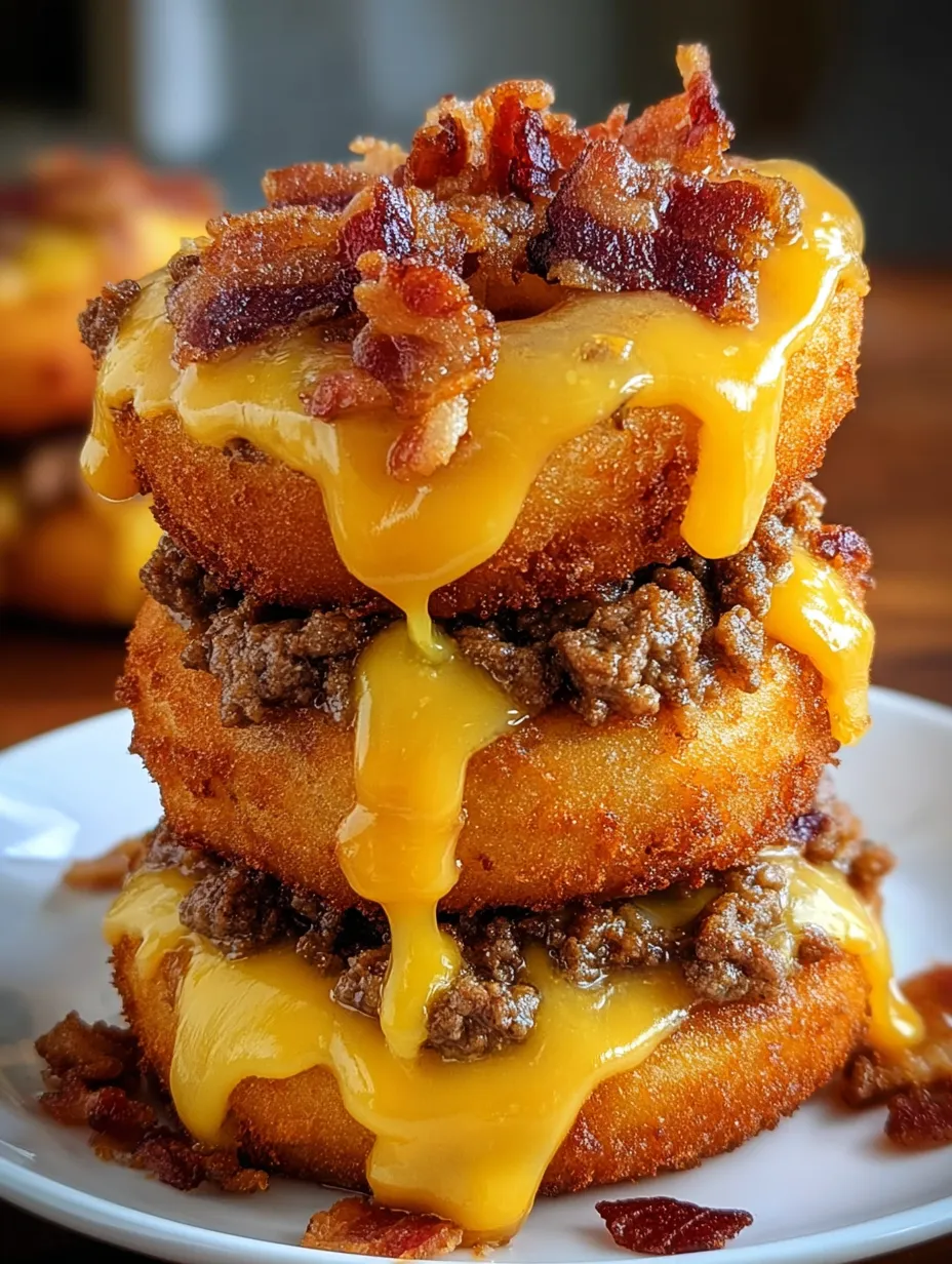A stack of onion rings with cheese and bacon on top.