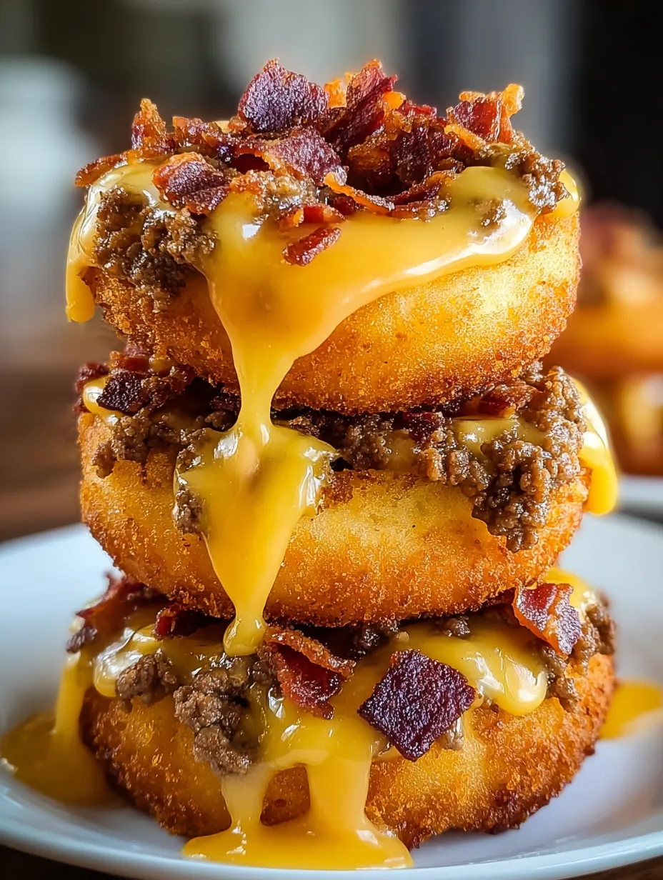 Bacon cheese onion rings stacked on top of each other.