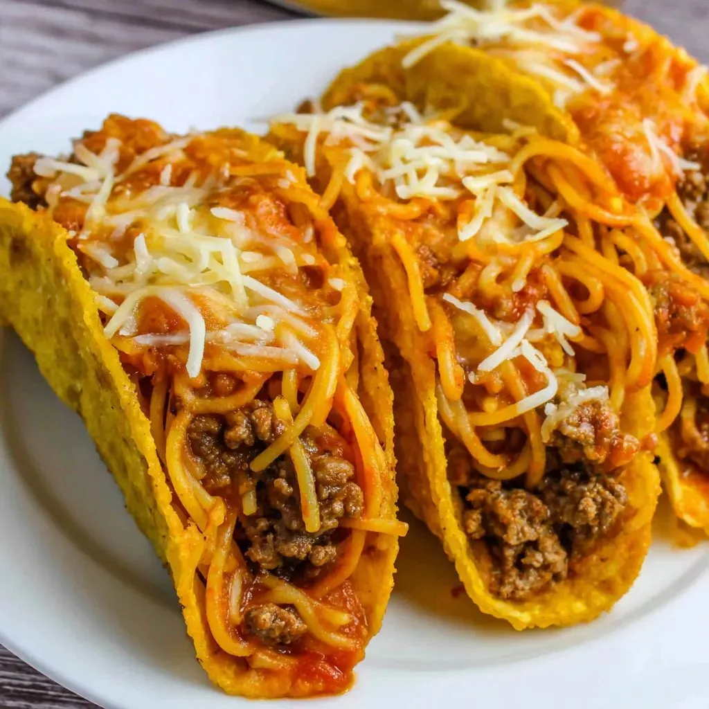 Two tacos with meat and cheese on a plate.