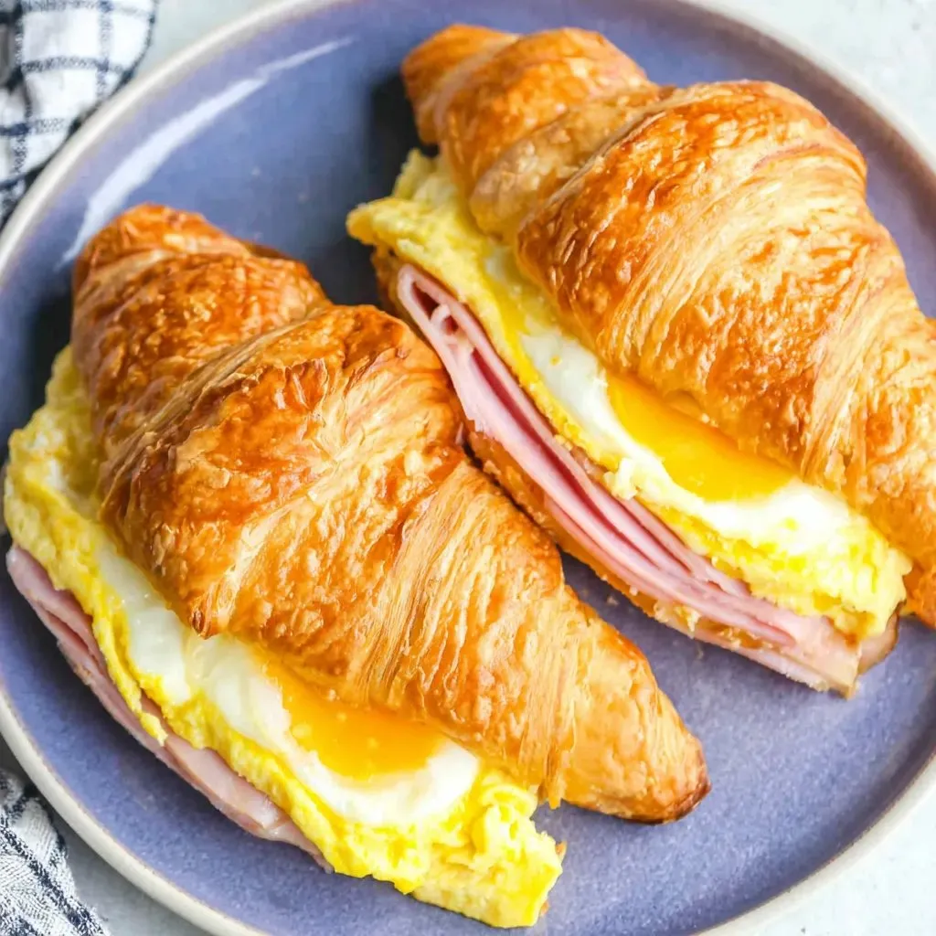 Two croissants with ham and egg.