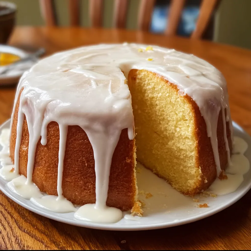A cake with white icing and drizzled with icing.