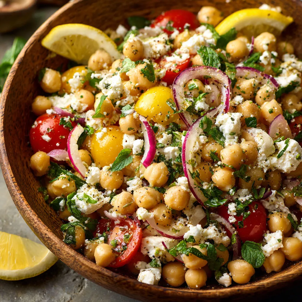 A bowl of vegetables with chickpeas, tomatoes, onions, and lemon.