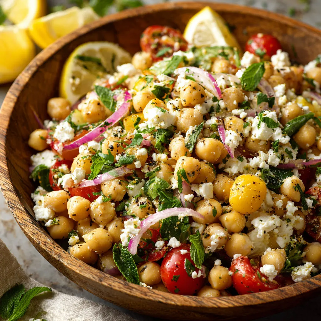 A bowl of food with tomatoes, onions, and chickpeas.