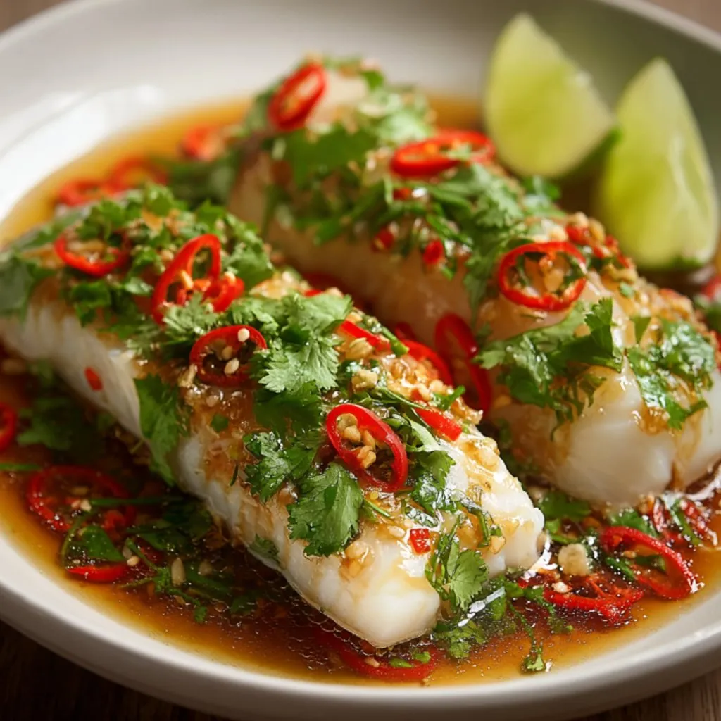 A plate of food with fish and peppers.
